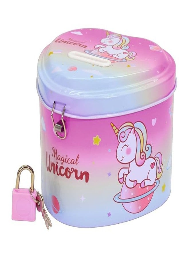 RETRIX Space-Themed Metal Heart Shape Piggy Money Bank Gullak for Kids with Lock and Key, Coin Savings Box for Boys & Girls, Perfect Birthday Return Gift (Unicorn Pink) - Image 1